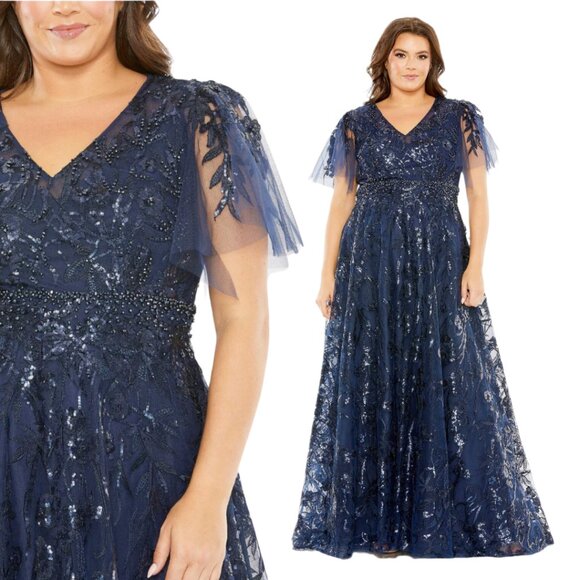 Mac Duggal 20469 Size 14W 14 Dark Blue High Neck Flutter Sleeve Long Gown Dress - Picture 1 of 4